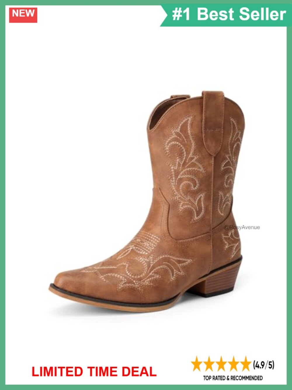 Faux Leather Western Ankle Boots Block Heel Embroidered Cowboy Booties